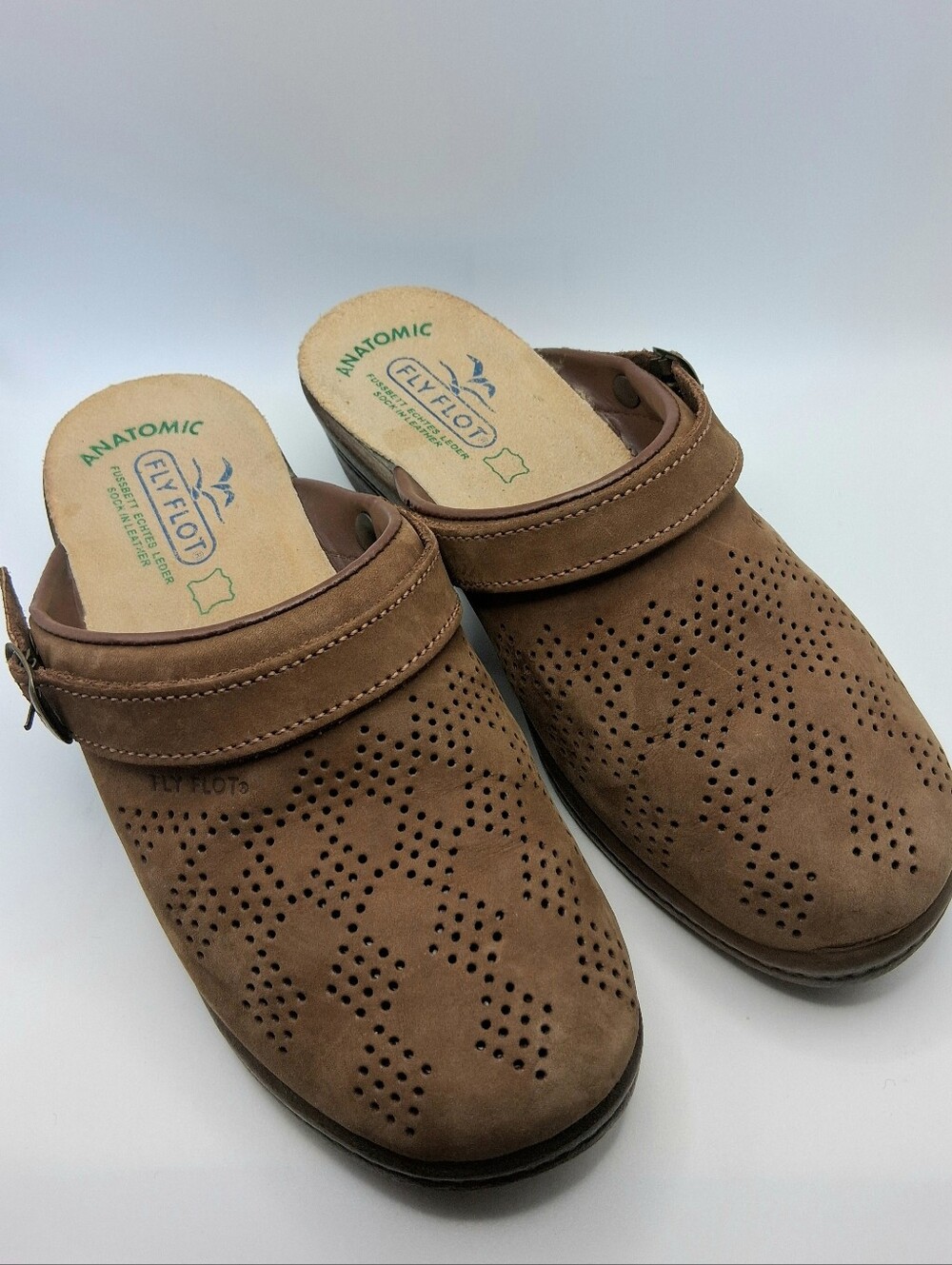 Fly Flot Anatomic Perforated Suede Mules Adjustable Slingback Footbed Arch Supp